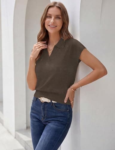 LaGracia Short Sleeve Sweaters for Women Business Casual Collared Cropped Polo Sweaters Lightweight Wool Blend Crop Tops Spring Summer Outfits Brown XL - Thumbnail 5
