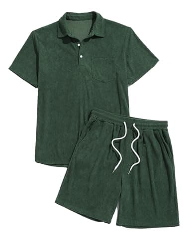 ZAFUL Mens 2 Piece Outfits Summer Corduroy Polo Shirt Shorts Set Casual Beach Outfits 1/4 Button Top Pocket Matching Set Dark Green Large - Image 1