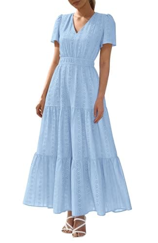 BTFBM Womens Summer Dresses 2026 V Neck Hollow Out Eyelet A Line Flowy Boho Beach Vacation Wedding Guest Maxi Dress(Light Blue, X-Large) - Image 1