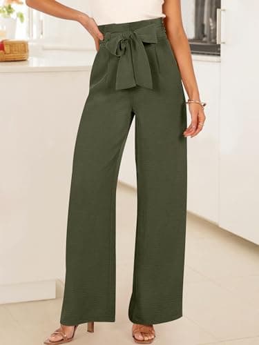 ANRABESS Womens Wide Leg Palazzo Pants Belted High Waisted Business Casual Flowy Long Trousers with Pockets Army Green XX-Large - Thumbnail 2
