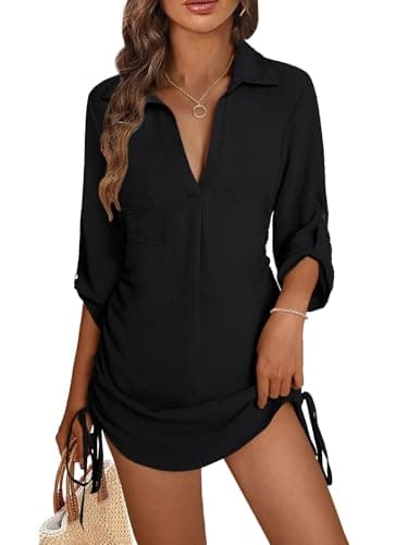 GKBK Women Swimsuit Coverup Bathing Suit Cover Ups for Swimwear Swim 2026 3/4 Sleeve Summer Set Hawaiian Clothes Pool Bikini Beachwear Drawstring Tropical Beach Dresses Shirt Black S - Thumbnail 3