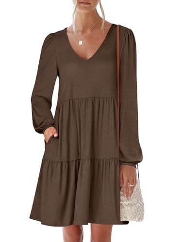 ANRABESS Womens Long Sleeve Dress 2026 Spring Casual V Neck Tiered Flowy Short Dresses Beach Travel Vacation Clothes Coffee X-Large - Image 1