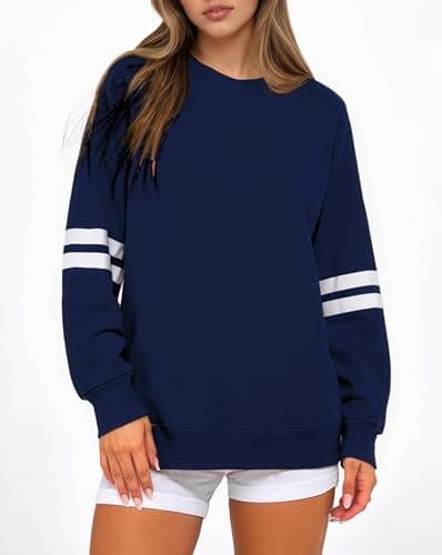 KevaMolly Women Varsity Striped Drop Shoulder Sweatshirt Navy S - Thumbnail 4