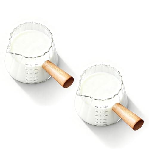 YARRAMATE 6 oz/180ML Glass Measuring Cup with Wooden Handle – Espresso Shot Cups, Ribbed Milk Frothing Pitcher, Dual Scale Markings, V-Shaped Mouth for Easy Pouring (2 Pack) - Image 1