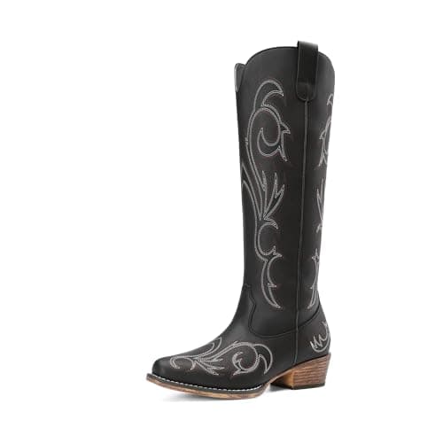 DREAM PAIRS Womens Cowboy Boots Comfortable Cowgirl Knee High Boots Pull On Side Zipper Chunky Heel Embroidered Western Boots,Size 10,Black,DWUMKB2502 - Image 1