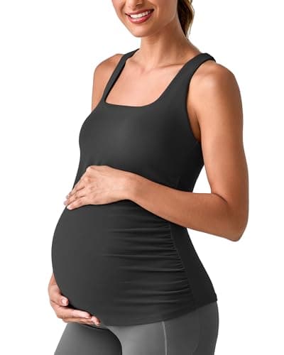 G4Free Maternity Workout Tops Sleeveless Soft Pregnancy Summer Clothes Side Pleats Removable Bra Yoga Casual Lounge Cami Tanks(Black,S) - Image 1