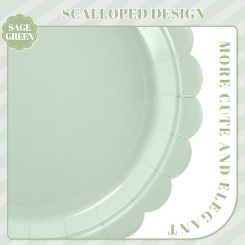 NatNarr 30 Pcs Dessert Plates Disposable, 7 Inch Scalloped Sage Green Cake Plates Small Birthday Appetizer Plate Cute Sage Green Paper Plate for Baby Bridal Shower, Wedding - Thumbnail 3