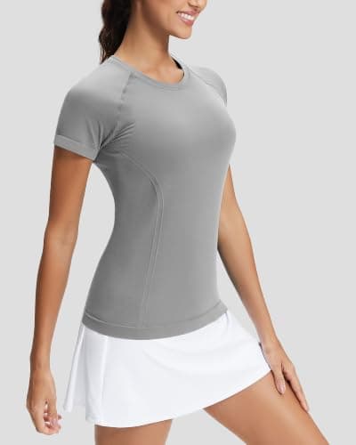 Stelle Women Seamless Workout Shirts Short Sleeve Athletic Top Yoga Gym Running T-Shirts(Grey,M) - Thumbnail 2