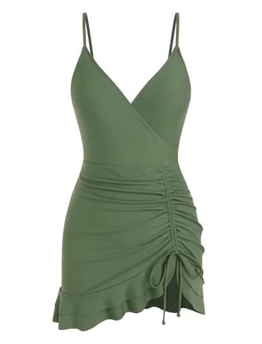 ZAFUL Womens One Piece Swimdress Modest Tummy Control Bathing Suit Ruffle Swim Skirts V Neck Swim Suits 2025 Army Green L - Thumbnail 6