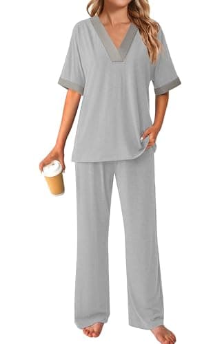 GKBK Womens Two Piece Outfits Pajama Sets 3/4 Dolman Sleeve V Neck Sleepwear Nightwear Loungewear Matching Pjs 2 Piece Lounge Set Lightweight Sweatsuit Fall Fashion Ooutfit Gray L - Thumbnail 6