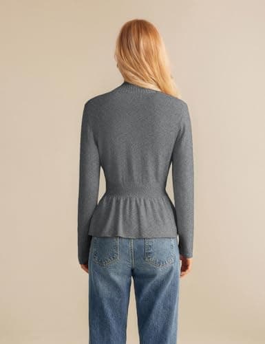 GRACE KARIN Women Cardigan Sweaters 2025 Fall,Long Sleeve Cropped Sweater Coat Trendy,Button Front Peplum Tops Lightweight Gray - Thumbnail 4