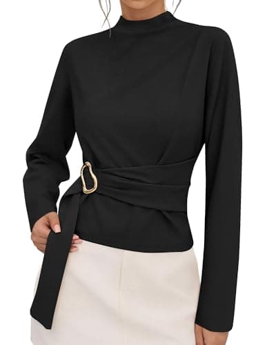 PRETTYGARDEN Women Blouses 2026 Fall Dressy Mock Neck Long Sleeve Work Shirts Buckle Belted Tunic Business Casual Tops(Black,XX-Large) - Image 1