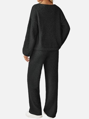 GKBK Womens 2 Piece Outfits Knit Sweater Sets Fuzzy Fleece Long Sleeve Top Wide Leg Pants Lounge Wear Matching Lounge Set 2026 Winter Casual V Neck Cozy Fashion Clothes Black L - Thumbnail 3