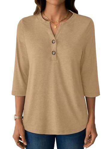 GKBK Womens Tops 3/4 Length Sleeve V Neck Button Down Short Sleeve Shirts Business Casual Basic Tees Summer Fashion 2026 Dressy Casual Going Out Blouses Trendy Outfits Khaki M - Thumbnail 2