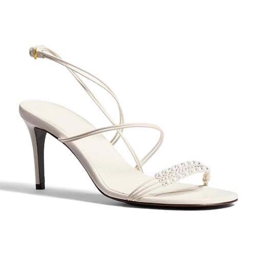 QIV White Strappy Heels for Women Open Toe Beaded Pearl High Heels Round Toe Ankle Strap Stiletto Heeled Sandals Size 6 - Image 1