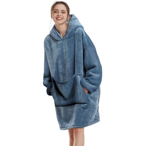 Aemilas Wearable Blanket Hoodie - Sherpa Blanket Sweatshirt as Gifts for Women Sister, Cozy Warm Hooded Blanket with Giant Pocket(Greyish Blue) - Image 1