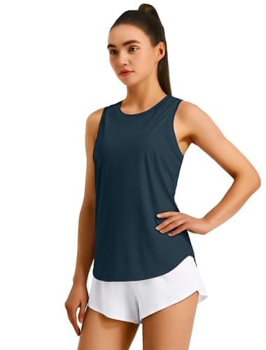 Hugut Women's Lightweight Workout Tank Tops Racerback Athletic Running Tennis Sleeveless High Neck T-Shirt Navy - Thumbnail 2
