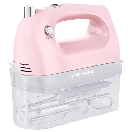 Lord Eagle Hand Mixer Electric Handheld 400W, 5-Speed Lightweight Kitchen Mixer with Storage Case, 5 Stainless Steel Attachments for Baking Cake Egg Cream Food Beater, Turbo+Eject Button, Pink - Image 1