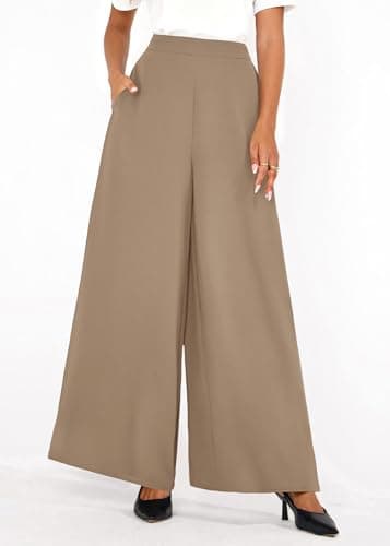 KIRUNDO Palazzo Pants for Women Dressy 2026 Summer Wide Leg High Waisted Business Casual Work Trousers Slacks with Pockets(Khaki, Large) - Thumbnail 6