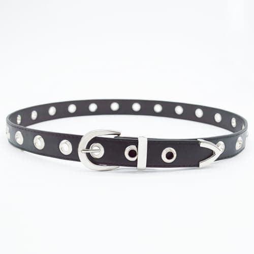 EONTISO Women Studded Leather Belt for Jeans, Punk Silver Grommets, Western Silver Buckle Black S - Thumbnail 6