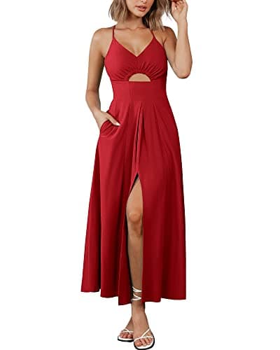 BTFBM Women 2026 Spaghetti Strap Midi Summer Dresses Sleeveless V Neck Cutout Slit Casual Beach Party Maxi Dress Pockets(Red, Large) - Image 1