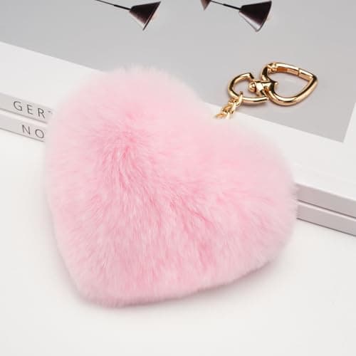 Stelle Pom Pom Keychain Rabbit Fur Bag Charms Fluffy Cute Keychains Purse Backpack Accessories Gifts for Girls/Women(Pink,Heart) - Thumbnail 2