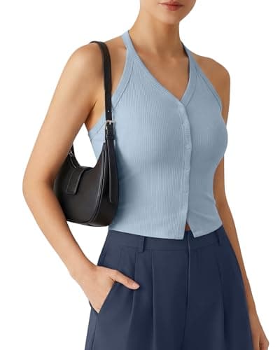 G4Free Backless Halter Tops for Women Going Out Camisole Ribbed Slim Fit Cami Tank Top (Blue Willow,M) - Image 1