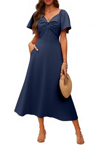 ECOWISH Womens Summer Maxi Dresses: 2026 Casual Flutter Short Sleeve Twist Front Long Flowy Wedding Guest Dress with Pockets 482Navy Blue M - Image 1