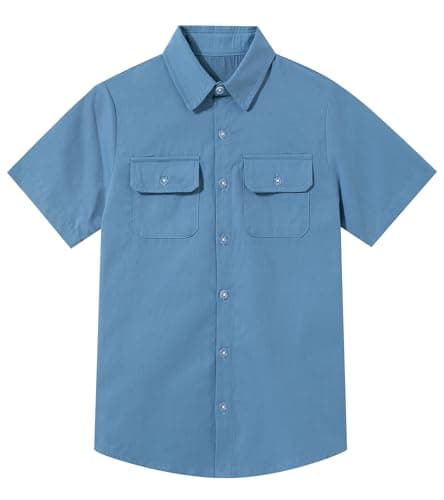 Funnycokid Boys Button Down Dress Shirt Short Sleeve Size 9 10 Youth Teen Casual Cotton Woven Dusty Blue with Two Pockets Birthday 9-10 Years - Image 1