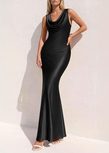 KIRUNDO Womens Summer Cowl Neck Sleeveless Satin Maxi Dress Elegant Bodycon Cocktail Wedding Guest Party Long Dresses(Black, X-Large) - Thumbnail 3