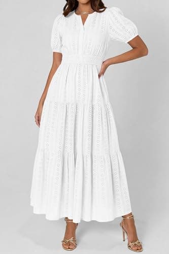PRETTYGARDEN Womens Summer Maxi Dresses 2026 Casual Puff Sleeve V Neck Smocked Flowy Eyelet Cotton Dress Spring Sundress(White,XX-Large) - Thumbnail 2
