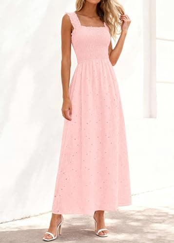 KIRUNDO Summer Lace Dress Vacation Outfits for Women 2026 Wedding Guest Dresses Maxi Beach Boho Sleeveless Cotton Sundress (Pink, Small) - Thumbnail 3