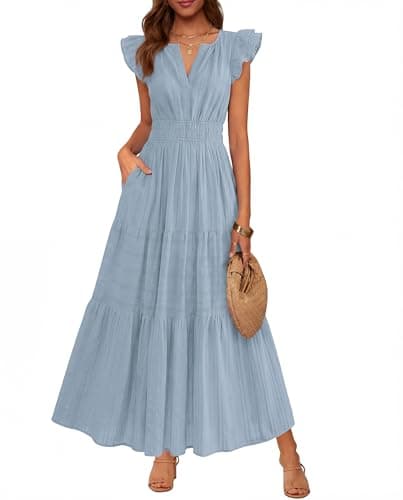BTFBM Womens Summer Maxi Dress 2026 Spring Boho Vacation Ruffle Flutter Short Sleeve A Line Tiered Flowy Dresses Pockets(Blue Grey, Medium) - Image 1