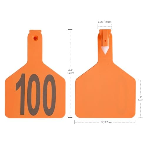 Cattle Ear Tags with 001-100 Numbers Large 1-Piece Z Livestock Ear Tags for Cow Goat Sheep Pig Calves Dog,Animal ID Identification Tag 4.4"x 3",Orange - Thumbnail 2