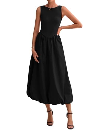 BTFBM Women's 2026 Summer Casual Sleeveless Midi Dress Patchwork Knit Tank Bubble Long Flowy Beach Maxi Sundress Pockets(Black, Large) - Image 1
