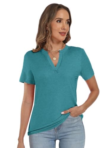 YESTTO Womens V Neck Summer Tops Short Sleeve T Shirts Loose Fit Casual Tee Trendy Basic Tops Lightweight Breathable Fashion Clothes 2026 Cyan - Thumbnail 3
