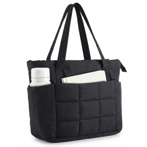 U+U Puffer Tote Bag for Women, Quilted Work Handbag with Compartments, Lightweight Puffy Shoulder Bag with Yoga Mat Strap for Daily, Travel, and Gym (Black) - Image 1