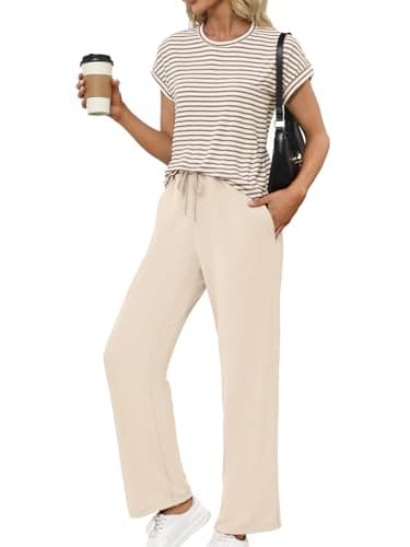 Glamaker Two Piece Sets for Women Summer Travel Outfits Lounge Set Short Sleeve Pullover Tops Sweatpants 2025 Fashion Outfits Khaki M - Image 1