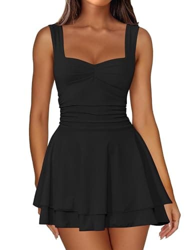IWD Square Neck Flowy Mini Dress for Women Sleeveless Tank Top Ruched Waist Tiered Ruffle Hem Party Short Dresses Black Small - Image 1