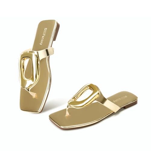 StillFancxy Gold Buckle Flat Sandals for Women Square Toe Dressy Flip Flops Trendy Thong Sandals Slide Sandals - Image 1