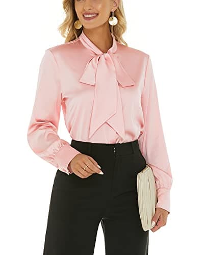 Women's Satin Blouse Bow Tie Neck Long Sleeve Button Down Shirt Casual Office Blouse Top (Pink, X-Large) - Image 1