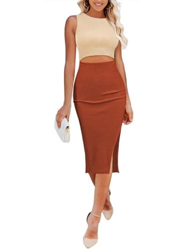 Pink Queen Women's Sexy Sleeveless Body Con Cutout Slit Slim Ribbed Knitted Summer Cocktail Midi Dress Brown XL - Image 1