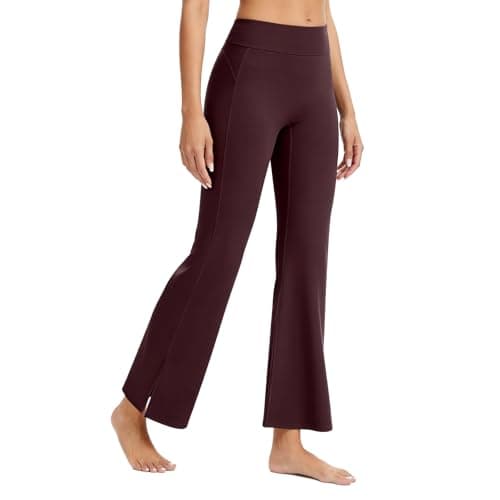 AMLEER Women's High Waist Full-Length Flare Leggings with Side Slit - Tummy Control Butt Lifting Gym Yoga Pants (Brown, X-Large) - Image 1