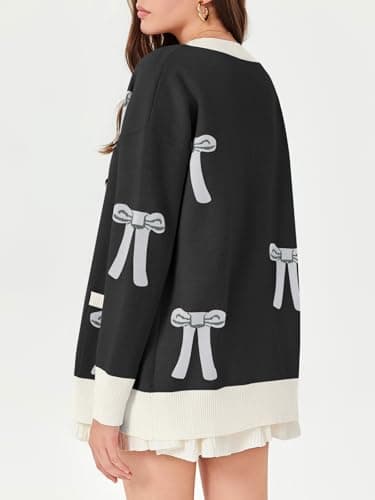 Saodimallsu Womens Oversized Cardigan Sweaters Bow Printed Button V Neck Long Sleeve Loose Knit Fall Trendy Coats Black - Thumbnail 5