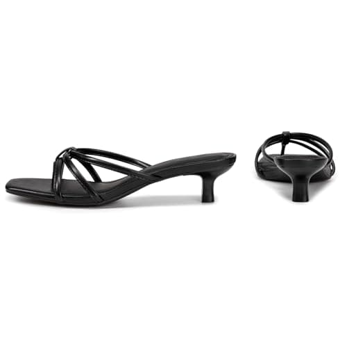 Athlefit Black Kitten Heels for Women Square Toe Summer Low Heels Slip On Flip Flop Strappy Heeled Thong Sandals Size 9 - Thumbnail 5