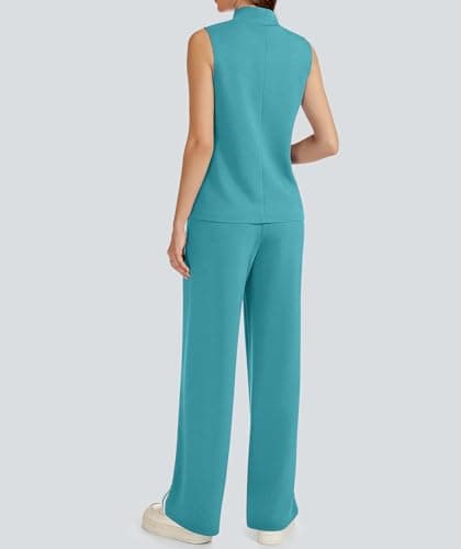 Casly Lamiit Lounge Sets for Women 2 Piece Casual Travel Outfits Matching Active Airport Sweatsuit Mock Neck Tops Wide Leg Track Pants Viridian Green XS - Thumbnail 5