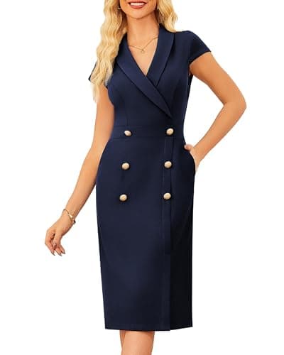 GRACE KARIN Women Work Bodycon Dresses 2025,Business Office Midi Cap Sleeve Button Pencil Formal Outfits with Pockets Navy Blue 16 - Image 1