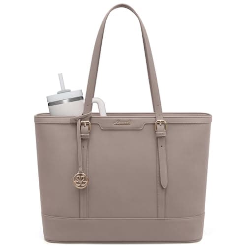 LOVEVOOK Laptop Bag for Women, 15.6 Inch Large Work Tote Bag with 40oz Cup Holder, Waterproof PU Leather Computer Briefcase for Teacher, Professional Business Shoulder Purse Taupe
