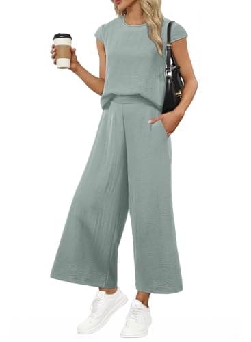 EVALESS 2 Piece Sets for Women Spring 2026 Vacation Outfits Beach Vacation Clothes Cap Sleeve Summer Tops Wide Leg Pants Matching Sets Women Clothing Cruise Essentials Grey Medium - Image 1