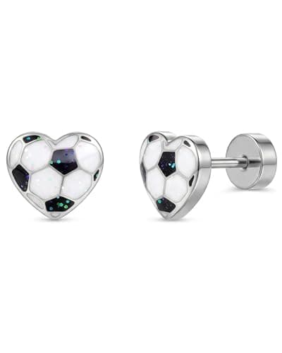 MHWTTY Soccer Stud Earrings,Hypoallergenic 18K Gold Plated Stainless Steel Flat Back Screw on Heart Sports Earrings for Women,Soccer Fan Soccer Mom Jewelry Gift for Sport Day Daily Wear (Silver, Heart) - Image 1